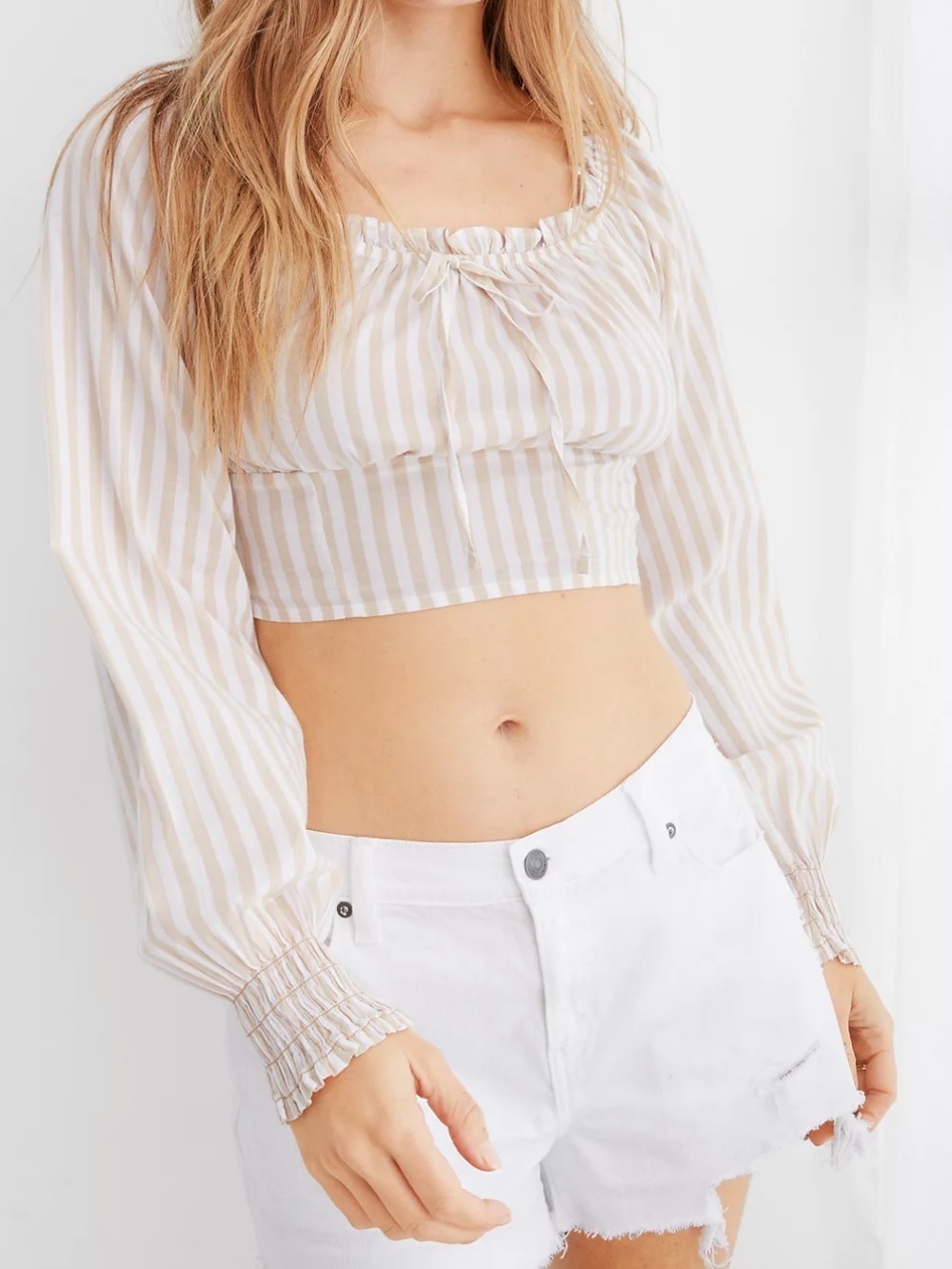 Aerie nwt Woven Pretty striped smocked Long Sleeve Top blouse crop top